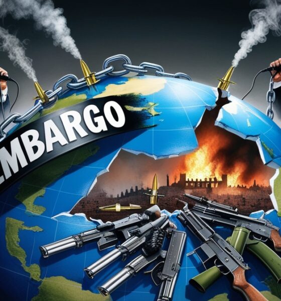 Ilustrasi editorial bergaya realistik yang menggambarkan dunia berteriak menentang perang sementara senjata terus mengalir melewati embargo yang bocor; simbol kemunafikan global di tengah kehancuran Gaza.