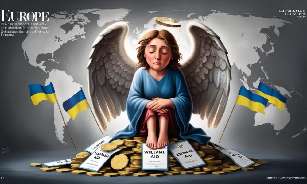Ilustrasi editorial menggambarkan sosok malaikat lelah yang melambangkan Eropa, duduk di atas tumpukan koin bertuliskan “Welfare” dan “Ukraine Aid”, dengan sayap rusak dan ekspresi letih, merepresentasikan kelelahan Eropa membantu pengungsi Ukraina.