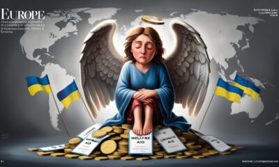 Ilustrasi editorial menggambarkan sosok malaikat lelah yang melambangkan Eropa, duduk di atas tumpukan koin bertuliskan “Welfare” dan “Ukraine Aid”, dengan sayap rusak dan ekspresi letih, merepresentasikan kelelahan Eropa membantu pengungsi Ukraina.