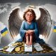 Ilustrasi editorial menggambarkan sosok malaikat lelah yang melambangkan Eropa, duduk di atas tumpukan koin bertuliskan “Welfare” dan “Ukraine Aid”, dengan sayap rusak dan ekspresi letih, merepresentasikan kelelahan Eropa membantu pengungsi Ukraina.