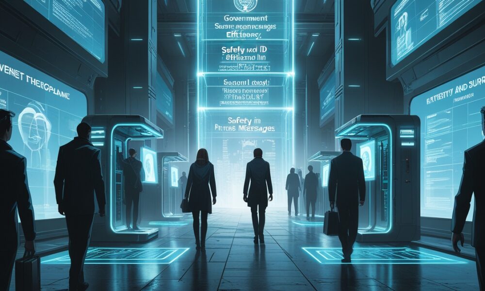 Ilustrasi kota Eropa futuristik di bawah pengawasan digital seperti film Minority Report, dengan warga melewati pemindai wajah dan layar data raksasa.