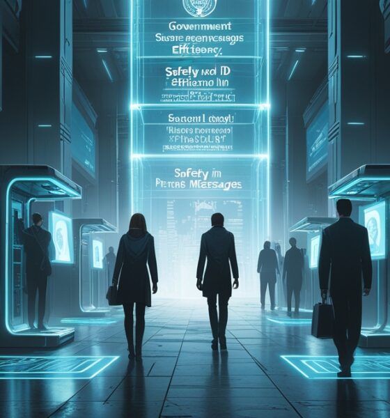 Ilustrasi kota Eropa futuristik di bawah pengawasan digital seperti film Minority Report, dengan warga melewati pemindai wajah dan layar data raksasa.