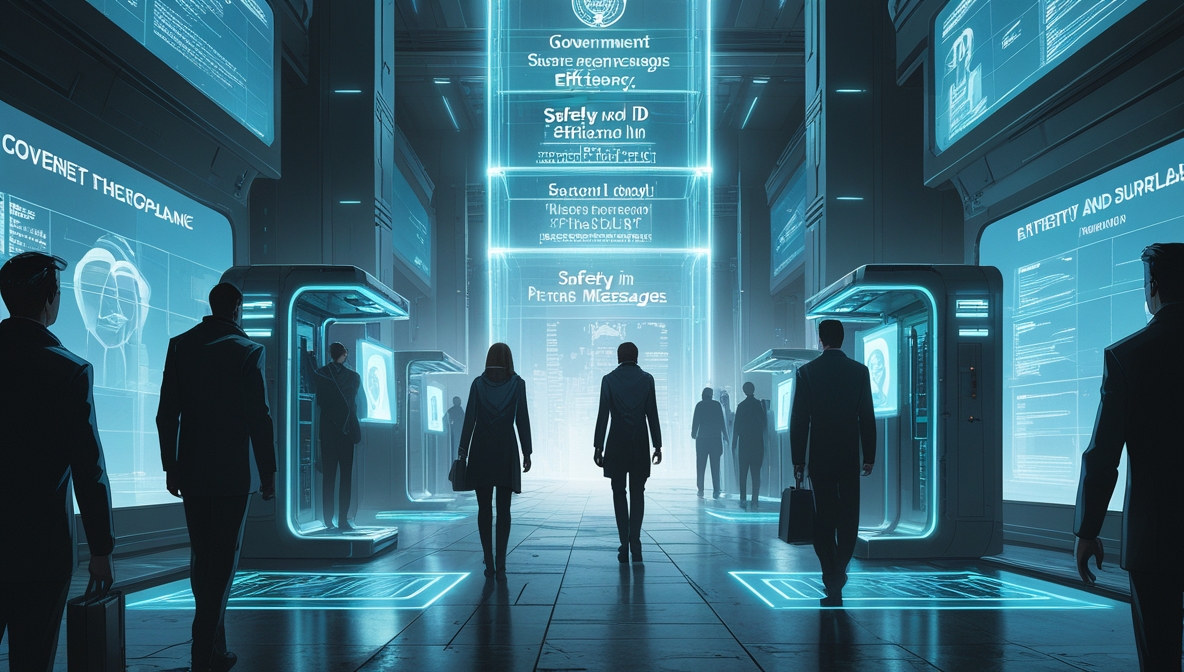 Ilustrasi kota Eropa futuristik di bawah pengawasan digital seperti film Minority Report, dengan warga melewati pemindai wajah dan layar data raksasa.