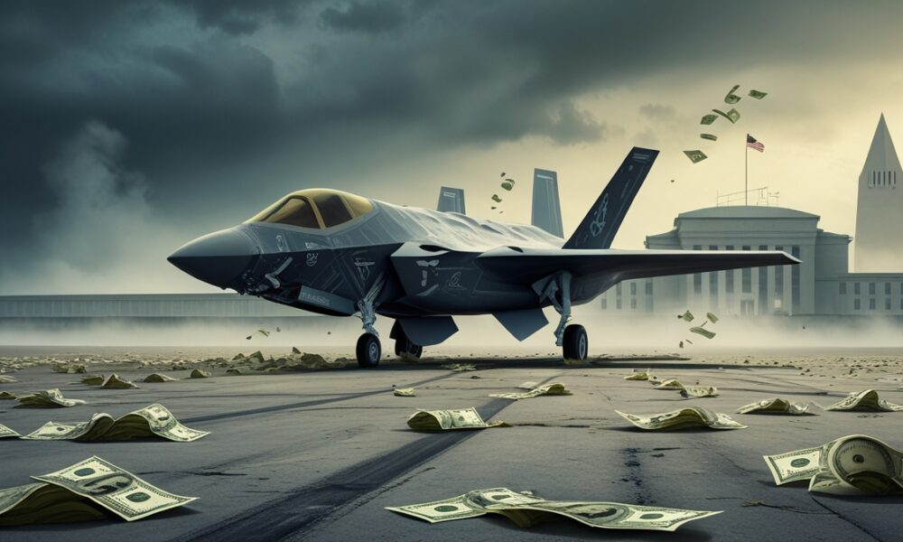 Illustration of a broken F-35 jet surrounded by money on a foggy runway, symbolizing U.S. military failure.