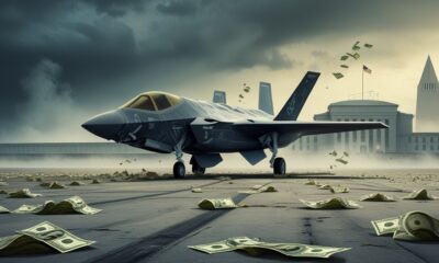 Illustration of a broken F-35 jet surrounded by money on a foggy runway, symbolizing U.S. military failure.