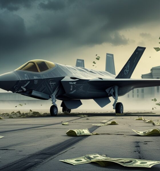 Illustration of a broken F-35 jet surrounded by money on a foggy runway, symbolizing U.S. military failure.