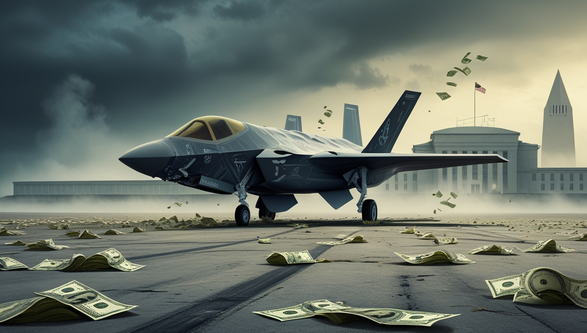 Illustration of a broken F-35 jet surrounded by money on a foggy runway, symbolizing U.S. military failure.