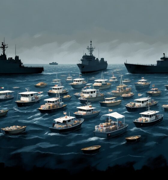 Kapal flotilla kemanusiaan kecil dikepung kapal perang Israel di laut lepas, simbol ketegangan dan ketidakadilan global.