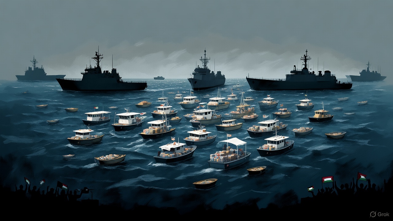 Kapal flotilla kemanusiaan kecil dikepung kapal perang Israel di laut lepas, simbol ketegangan dan ketidakadilan global.