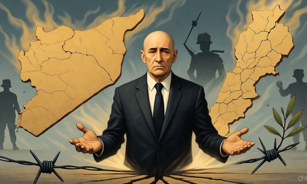 Symbolic illustration of a bald diplomat trapped between cracked maps of Syria and Lebanon glowing like burning paper.