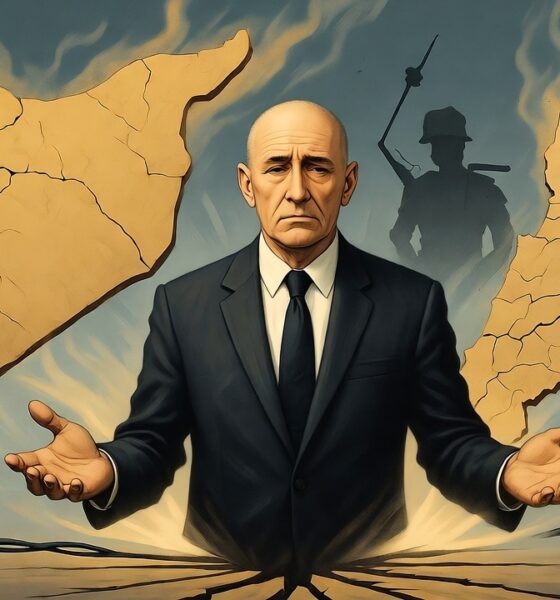 Symbolic illustration of a bald diplomat trapped between cracked maps of Syria and Lebanon glowing like burning paper.