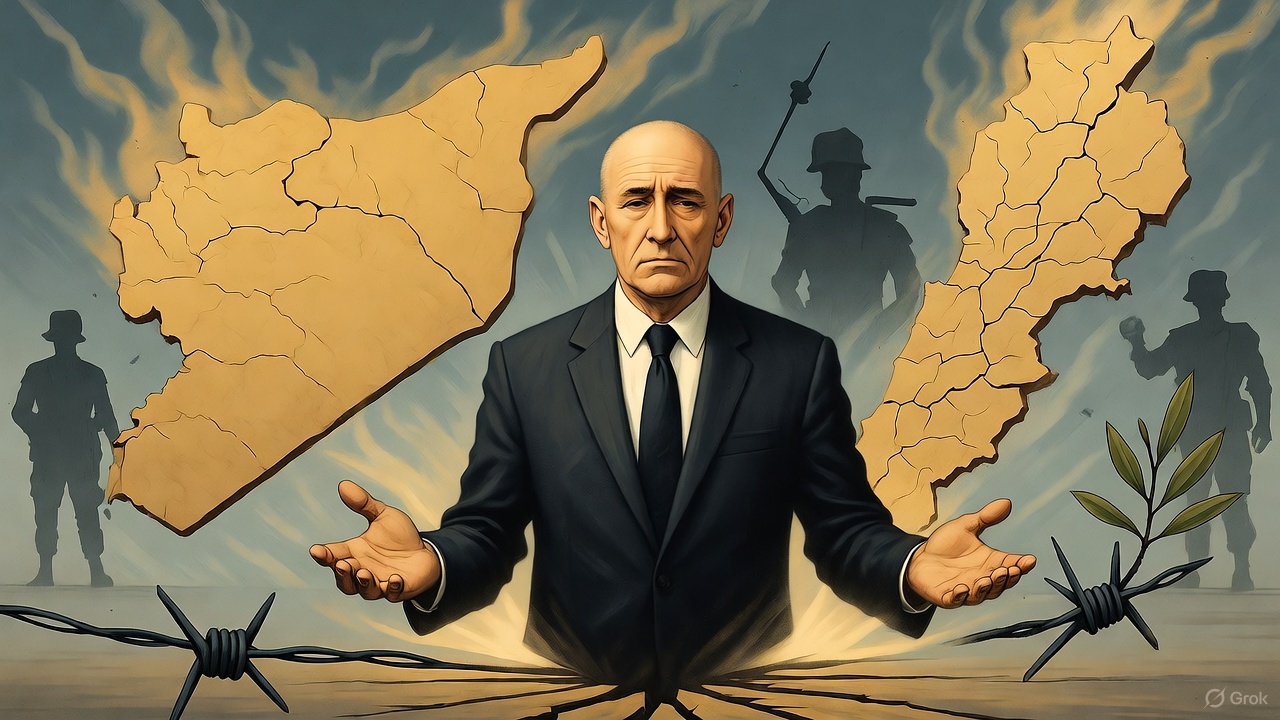 Symbolic illustration of a bald diplomat trapped between cracked maps of Syria and Lebanon glowing like burning paper.