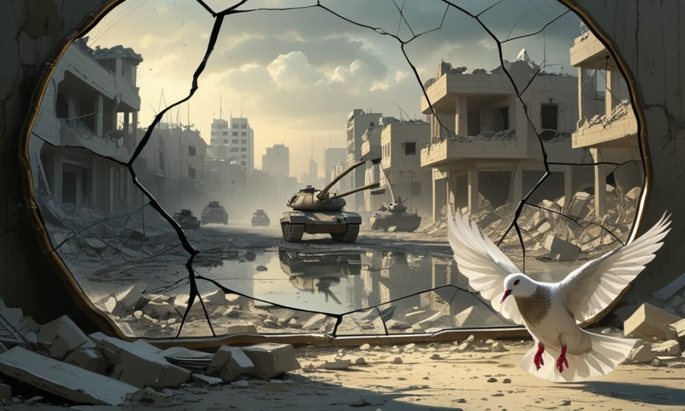 A cracked mirror reflecting scenes of war and destruction in Gaza — shattered buildings, fleeing families, and distant tanks. In the foreground, a dust-covered dove struggles to fly, symbolizing the death of peace and the collapse of humanity amid violence.