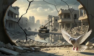 A cracked mirror reflecting scenes of war and destruction in Gaza — shattered buildings, fleeing families, and distant tanks. In the foreground, a dust-covered dove struggles to fly, symbolizing the death of peace and the collapse of humanity amid violence.