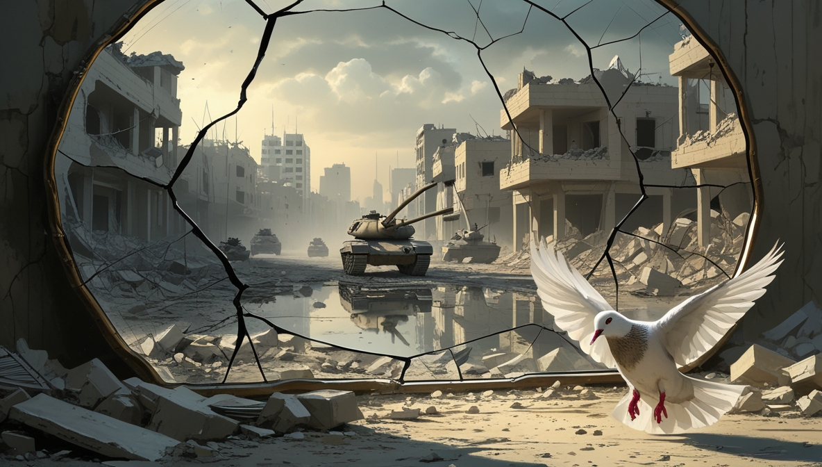 A cracked mirror reflecting scenes of war and destruction in Gaza — shattered buildings, fleeing families, and distant tanks. In the foreground, a dust-covered dove struggles to fly, symbolizing the death of peace and the collapse of humanity amid violence.