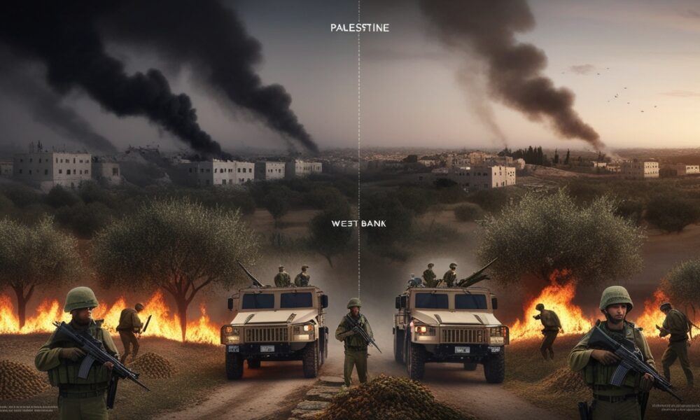A realistic illustration showing Israeli soldiers and settlers attacking Palestinian farmers in the West Bank, while Gaza appears calm after the ceasefire.