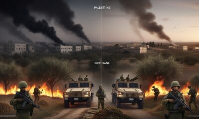 A realistic illustration showing Israeli soldiers and settlers attacking Palestinian farmers in the West Bank, while Gaza appears calm after the ceasefire.