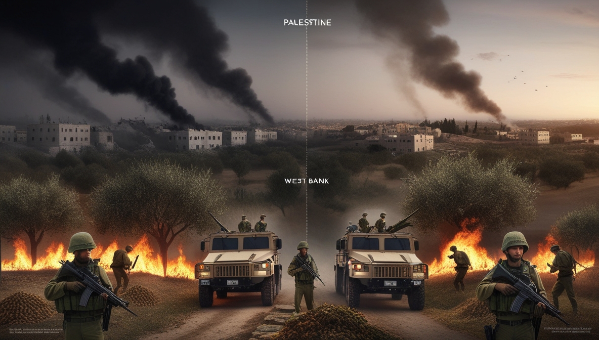 A realistic illustration showing Israeli soldiers and settlers attacking Palestinian farmers in the West Bank, while Gaza appears calm after the ceasefire.