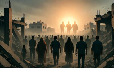Crowds of Palestinians walk through Gaza’s ruins under a dusty sky, symbolizing the fragile illusion of ceasefire.