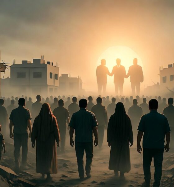 Crowds of Palestinians walk through Gaza’s ruins under a dusty sky, symbolizing the fragile illusion of ceasefire.