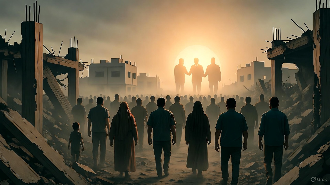 Crowds of Palestinians walk through Gaza’s ruins under a dusty sky, symbolizing the fragile illusion of ceasefire.