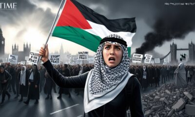 A realistic magazine cover showing a Palestinian flag raised during a protest, symbolizing resistance beyond the Gaza ceasefire.