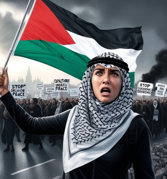 A realistic magazine cover showing a Palestinian flag raised during a protest, symbolizing resistance beyond the Gaza ceasefire.