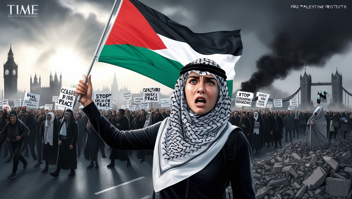 A realistic magazine cover showing a Palestinian flag raised during a protest, symbolizing resistance beyond the Gaza ceasefire.