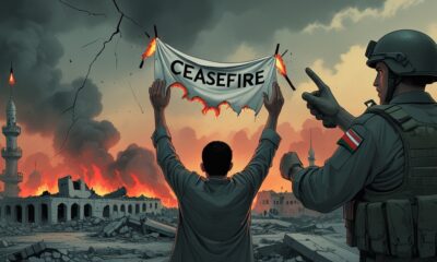 Ilustrasi editorial menggambarkan gencatan senjata Gaza yang dilanggar Israel, kain putih terbakar di tengah puing-puing kota.