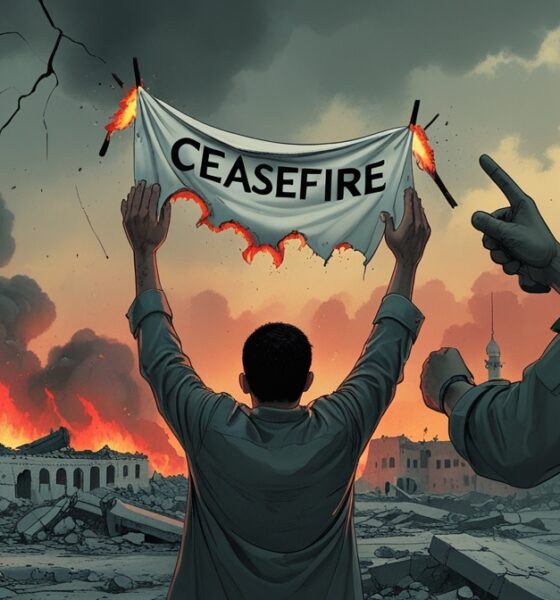 Ilustrasi editorial menggambarkan gencatan senjata Gaza yang dilanggar Israel, kain putih terbakar di tengah puing-puing kota.