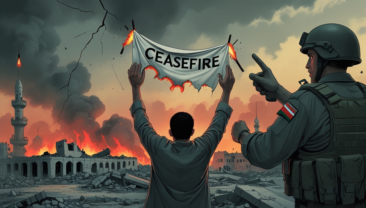 Ilustrasi editorial menggambarkan gencatan senjata Gaza yang dilanggar Israel, kain putih terbakar di tengah puing-puing kota.