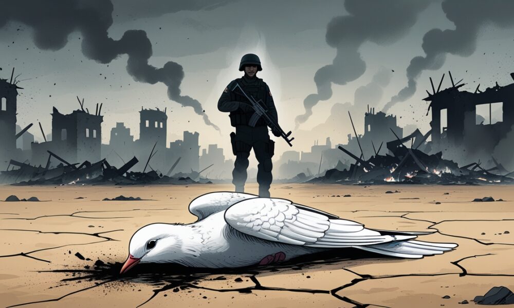 Illustration of a dead dove symbolizing Gaza’s ceasefire killed by Israel.