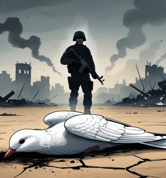 Illustration of a dead dove symbolizing Gaza’s ceasefire killed by Israel.