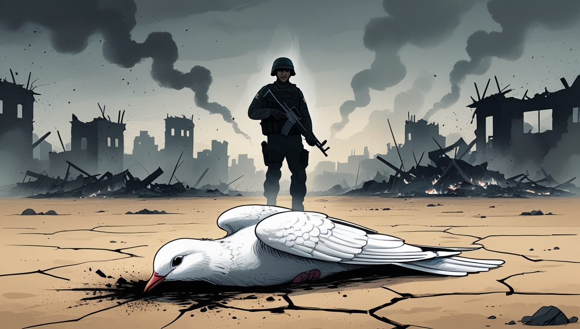 Illustration of a dead dove symbolizing Gaza’s ceasefire killed by Israel.
