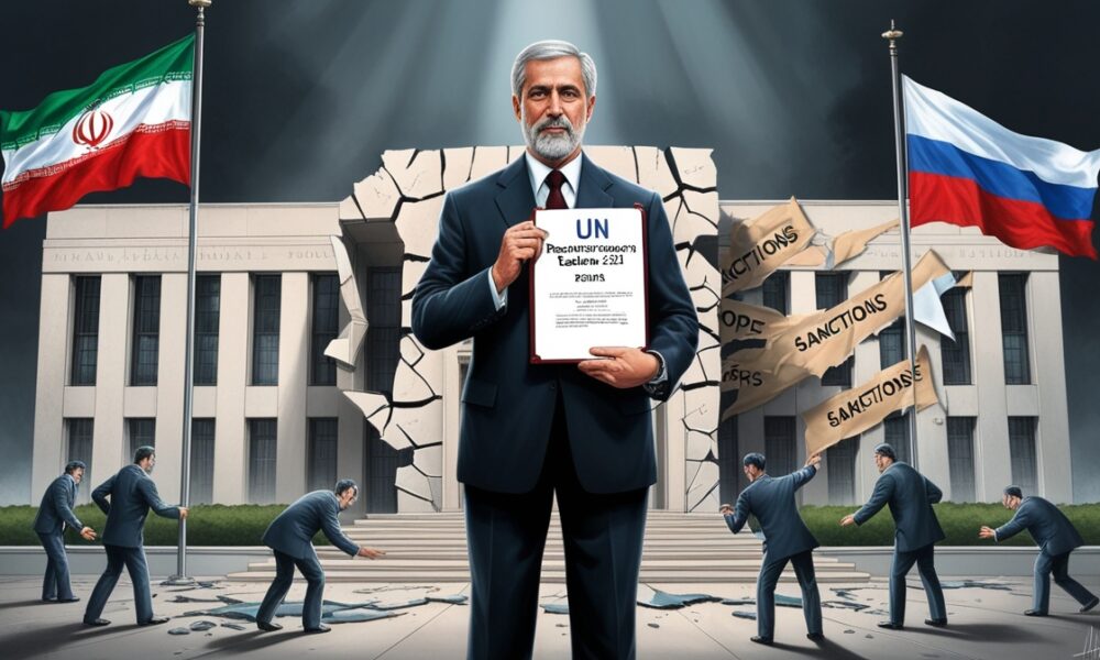 Iranian diplomat holding “UN Resolution 2231 — Expired” in front of cracked UN building.