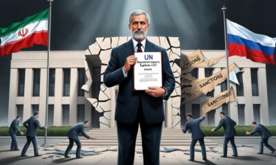 Iranian diplomat holding “UN Resolution 2231 — Expired” in front of cracked UN building.