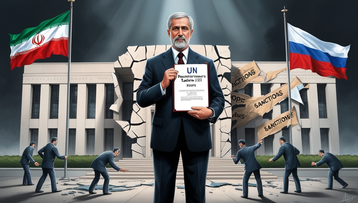 Iranian diplomat holding “UN Resolution 2231 — Expired” in front of cracked UN building.