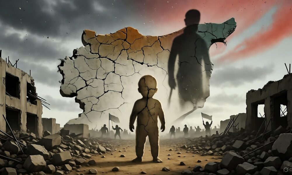 Symbolic illustration of a bald diplomat trapped between cracked maps of Syria and Lebanon glowing like burning paper.