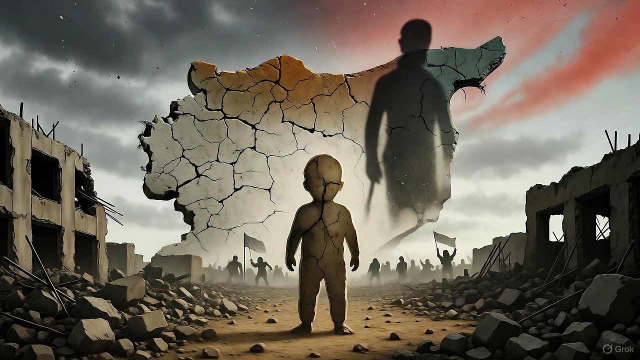 Symbolic illustration of a bald diplomat trapped between cracked maps of Syria and Lebanon glowing like burning paper.