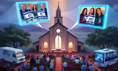 Illustration of digital surveillance and propaganda targeting churches through geofencing