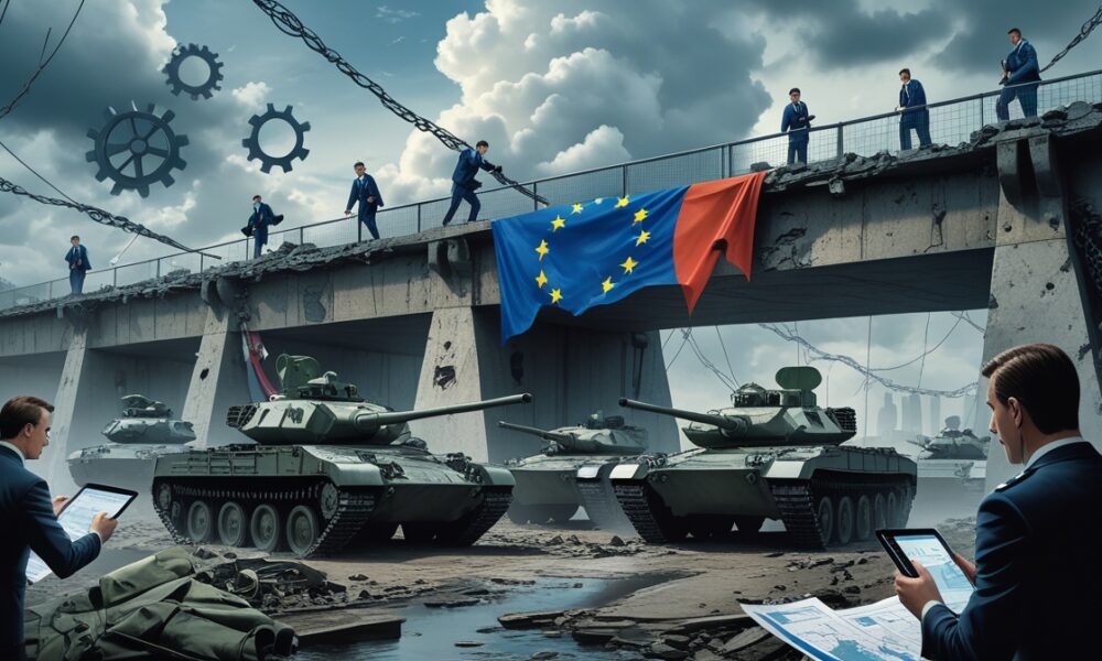 Ilustrasi editorial tentang infrastruktur militer Eropa yang rapuh.