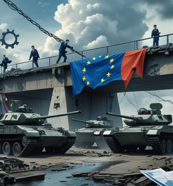 Ilustrasi editorial tentang infrastruktur militer Eropa yang rapuh.