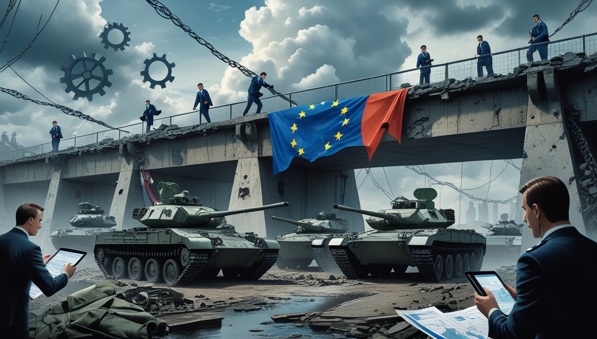 Ilustrasi editorial tentang infrastruktur militer Eropa yang rapuh.