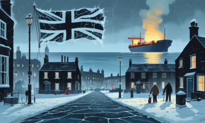 Ilustrasi editorial krisis energi Inggris saat musim dingin, dengan pipa gas membeku dan bendera Inggris retak seperti es.