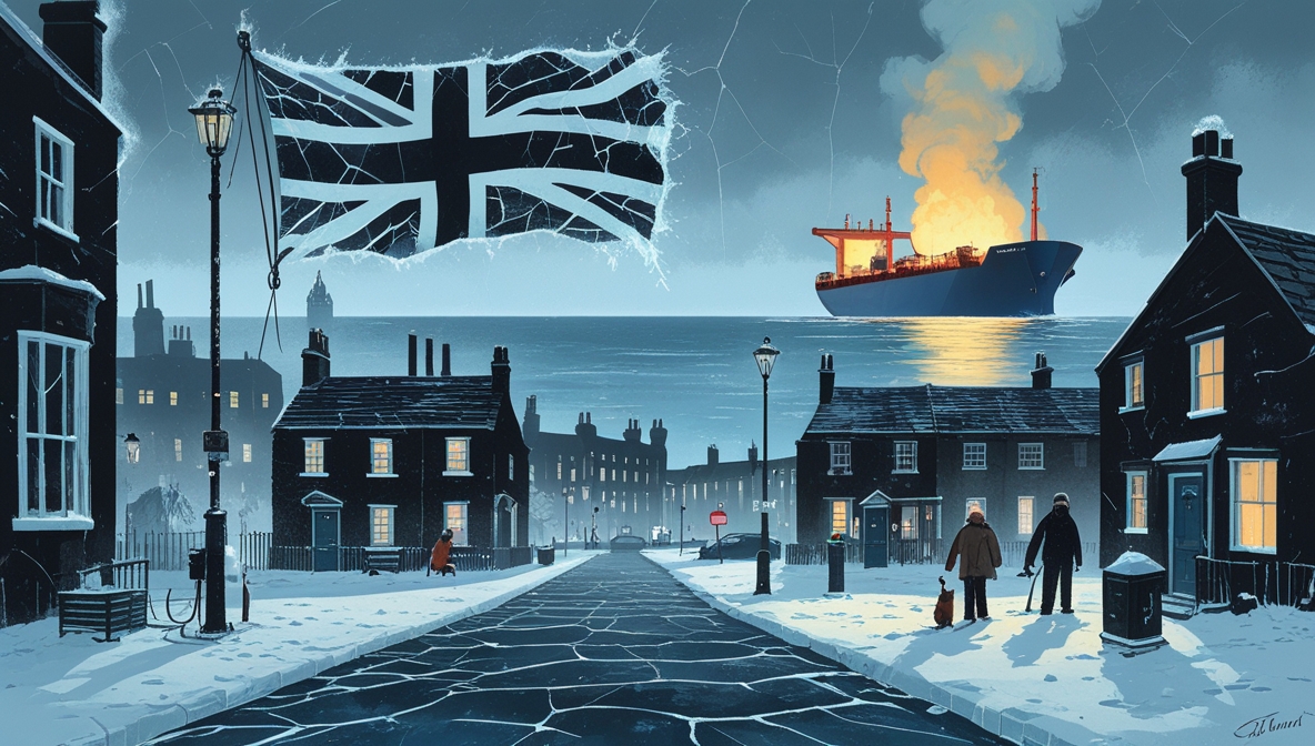 Ilustrasi editorial krisis energi Inggris saat musim dingin, dengan pipa gas membeku dan bendera Inggris retak seperti es.