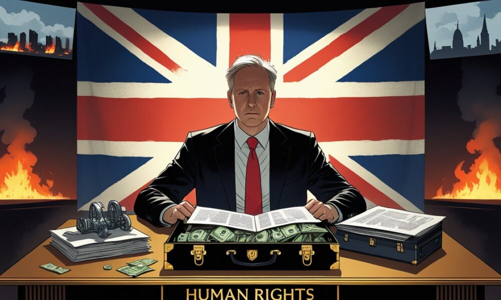 A UK political leader sits at a “Human Rights” desk, symbolizing the tension between ethics and hidden interests in wartime.