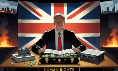 A UK political leader sits at a “Human Rights” desk, symbolizing the tension between ethics and hidden interests in wartime.