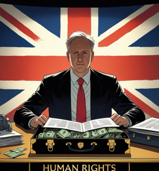 A UK political leader sits at a “Human Rights” desk, symbolizing the tension between ethics and hidden interests in wartime.