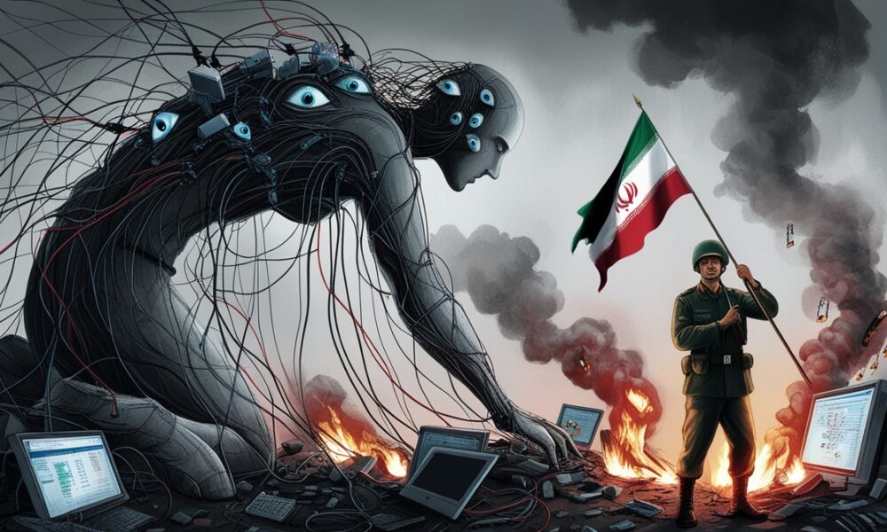 Ilustrasi editorial tentang kegagalan intelijen Barat melawan Iran dalam perang hibrida, menampilkan sosok simbolik yang runtuh di hadapan keteguhan Iran.