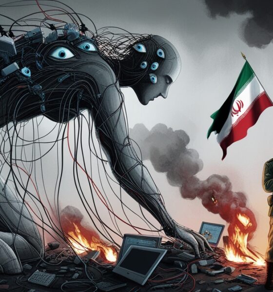 Ilustrasi editorial tentang kegagalan intelijen Barat melawan Iran dalam perang hibrida, menampilkan sosok simbolik yang runtuh di hadapan keteguhan Iran.